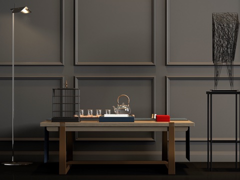  新中式金属实木茶几 花几 铁艺雕塑 落地灯 饰品组合3d模型 