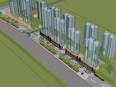 街边广场模型 园林景观模型 广场方案设计 园林方案设计su模型