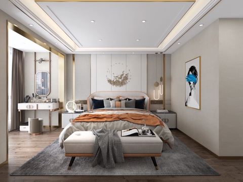  现代轻奢卧室 双人床 卧室背景 梳妆台 床头柜 小吊灯3d模型 