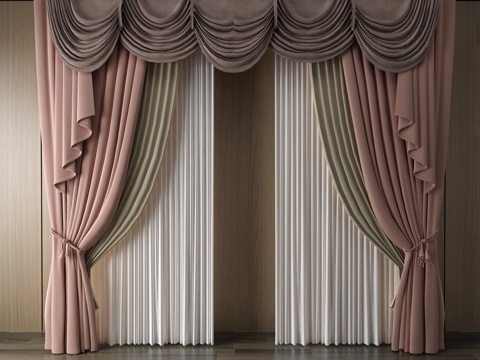  简欧窗帘 挂帘 双层帘 纱帘 布帘3d模型 
