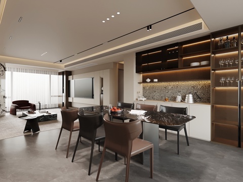 现代客餐厅 酒柜 餐桌椅 电视被金钱给su模型