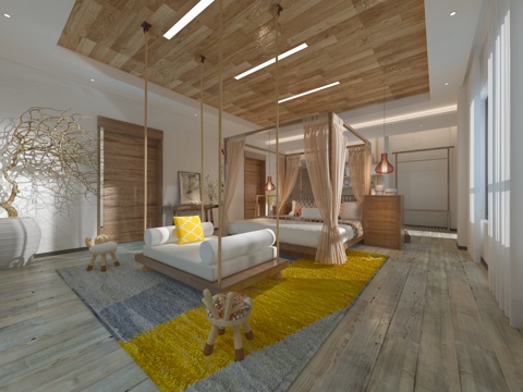  新中式酒店套房 阳光房 大床房3d模型 