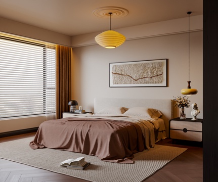 中古风卧室 布艺双人床 床头柜 吊灯 挂画 地毯su模型