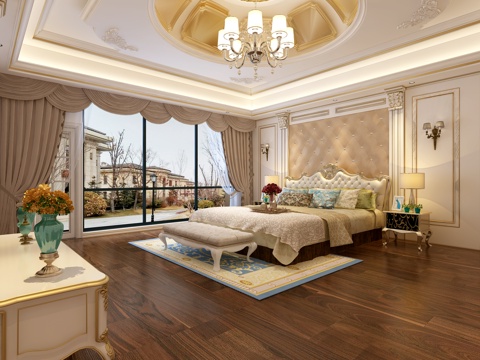  简欧欧式卧室 双人床 吊灯 电视柜 窗帘3d模型 