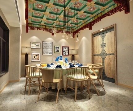  新中式餐厅包间 吊灯 餐桌椅 餐具3d模型 