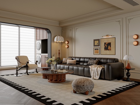  法式中古风客厅 中古风沙发茶几组合 中古风休闲椅 休闲椅3d模型 