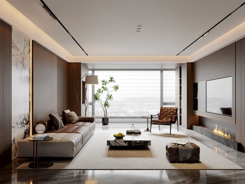 现代意式客厅 沙发茶几 电视背景墙 多人沙发 休闲椅 落地灯su模型