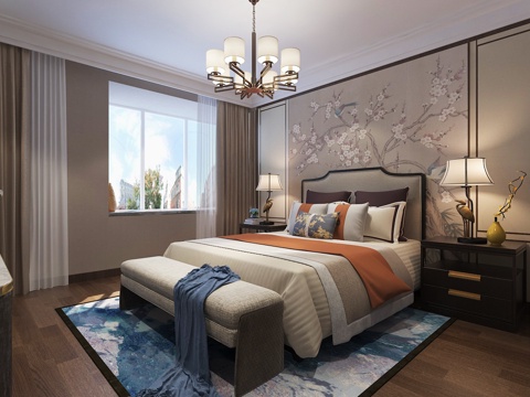  新中式主卧室 中式吊灯 背景墙 台灯 床头柜 衣柜3d模型 