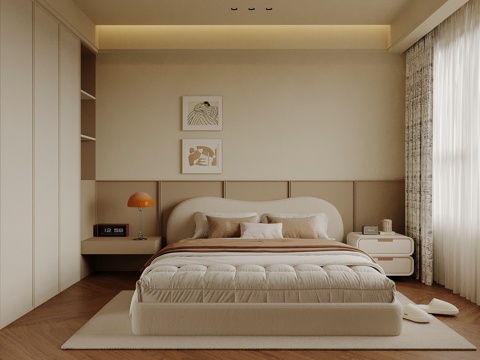  现代卧室 中古风卧室 双人床3d模型 