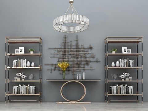  现代金属装饰架置物架金属墙饰端景台吊灯组合 玄关柜 水晶3d模型 