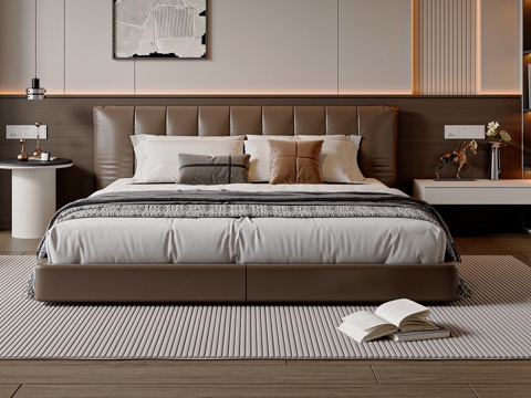 现代简约双人床 皮质双人床 卧室床 床头柜 意式双人床su模型