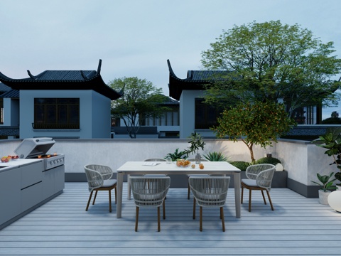 新中式庭院 屋顶露台花园 烧烤操作台 休闲餐桌椅 绿植花箱su模型