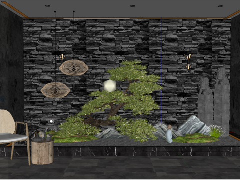 新中式庭院景观 民宿景观 休闲椅 假山石头 松树景观树 景墙su模型