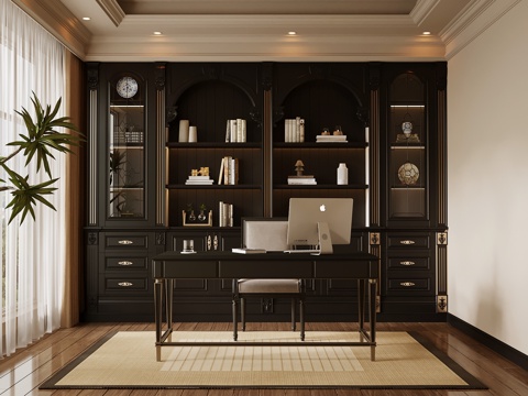 法式书房 书柜 书桌椅su模型