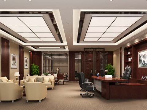  现代老总办公室 老板桌 办公桌 洽谈桌 书柜3d模型 