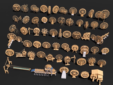  新中式水车 灌溉农具 排水车轮 风车 脚踏水车 水具乡村小品3d模型 