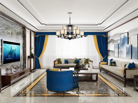  新中式客厅玄关过廊餐厅3d模型 