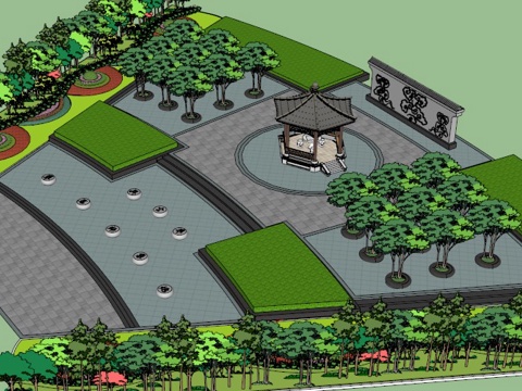 中式广场模型 园林景观模型 广场方案设计 园林方案设计su模型