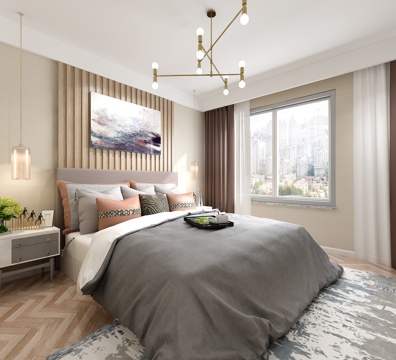  现代卧室 双人床 床头柜 吊灯3D模型下载3d模型 