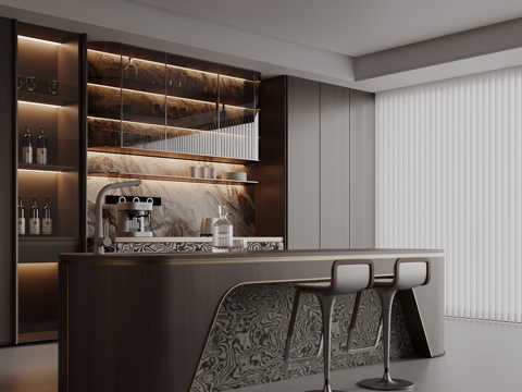 现代餐厅 岛台 酒柜 吧椅su模型