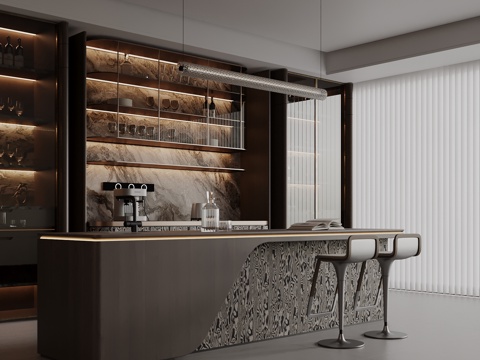 现代餐厅 岛台 酒柜 吧椅su模型