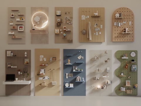  洞洞板 书架 饰品书本 包包 墙饰挂件 书籍摆件 洞洞板装饰3d模型 