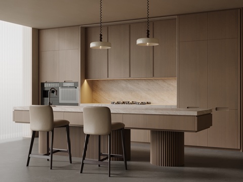 中古风餐厅 岛台 厨房su模型