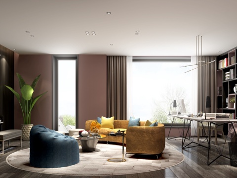  现代书房 书柜 沙发组合 绿植 钢琴 地毯 窗帘 书桌3d模型 