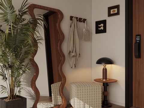 玄关全身镜挂衣杆换鞋凳su模型