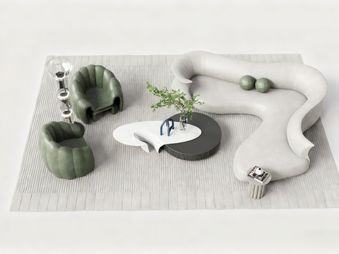 现代沙发茶几组合 弧形沙发异形茶几 球形抱枕su模型