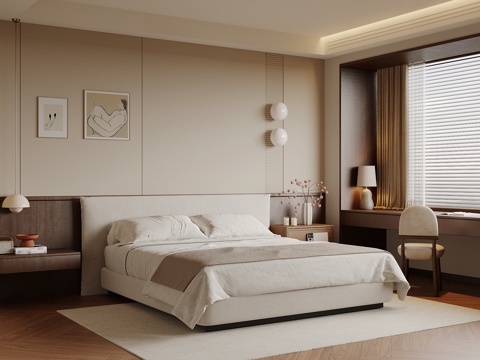 中古风卧室 双人床su模型