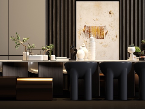  新中式茶桌饰品矮凳椅子组合3d模型 