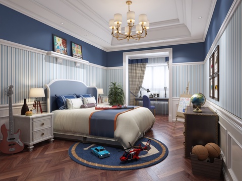  简欧卧室男孩房3d模型 