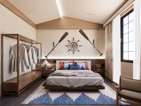 现代民宿大床房 海洋主题民宿 渔民文化su模型