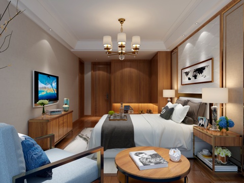  新中式卧室台灯 吊灯 床 床背景3d模型 