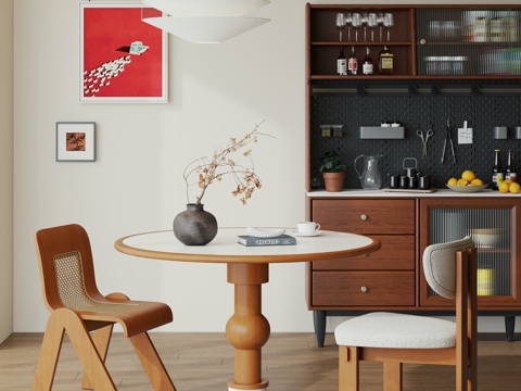  中古圆形餐桌椅 实木圆餐桌椅 餐边柜3d模型 