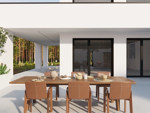 现代意式法式庭院景观独栋别墅餐桌椅植物花箱绿植su模型