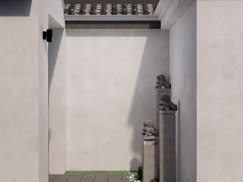 新中式 中式 庭院入户门厅 照壁 拴马柱su模型