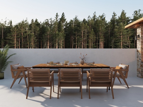 现代意式 法式庭院景观 实木 柚木餐桌椅 一桌六椅 餐桌饰品su模型