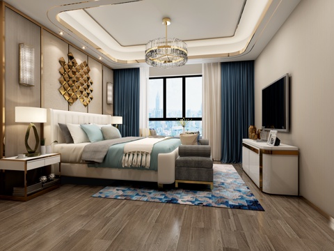  现代主卧 吊灯 角几3d模型 