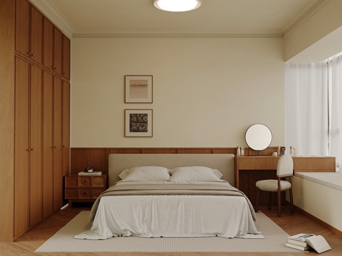 中古风卧室 双人床 梳妆台su模型