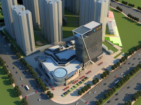  现代办公楼建筑带灯光场景贴图3d模型 