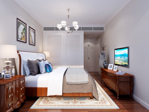  美式主卧 床 电视柜 吊灯 床头柜3d模型 