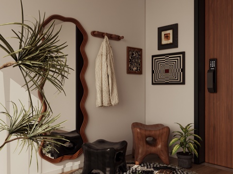 玄关全身镜挂衣杆换鞋凳su模型