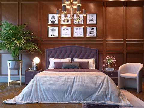  简欧主卧室双人床 欧式卧室植物吊灯椅子 卧室背景墙3d模型 