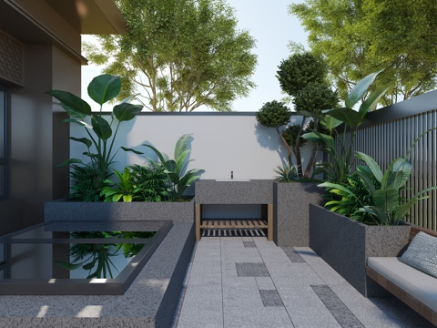 现代庭院花园 围墙围栏 格栅 户外洗手池 休闲卡座 采光天井su模型