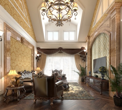  美式客厅,复式客厅,美式背景墙,别墅客厅3d模型 