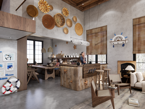 中古风民宿大厅 海洋元素民宿大厅 农家乐大厅 民宿前台su模型