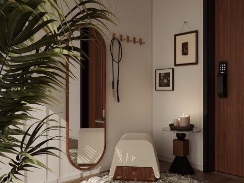 玄关全身镜挂衣杆换鞋凳su模型