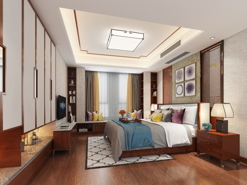  中式卧室 床 衣柜 电视柜 装饰画 飘窗3d模型 